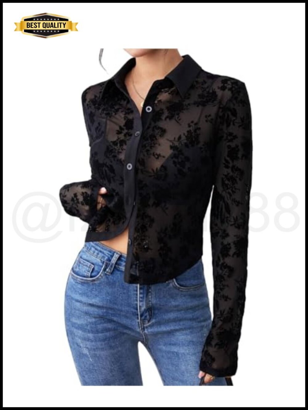 Women's Sheer Mesh Button Down Crop Top Long Sleeve Blouse